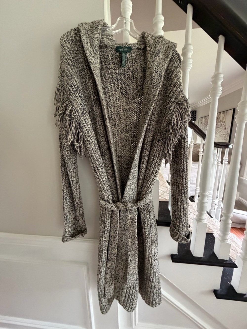 Ralph Lauren multi brown/ black Hooded Fringe Belted Cardigan